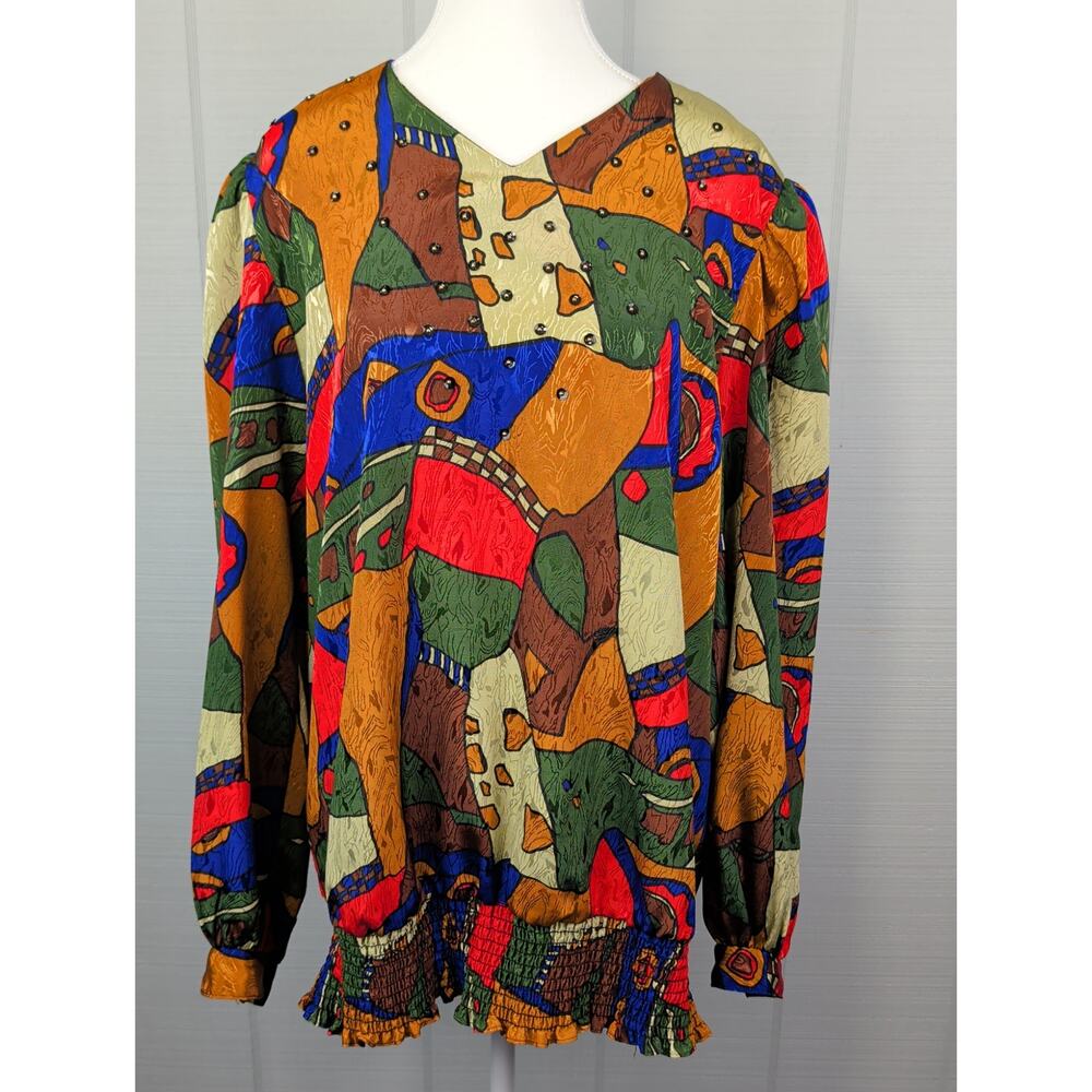Vintage Womens Blouse 22W Vibrant Abstract Geometric Patchwork Artsy Smocked Hem